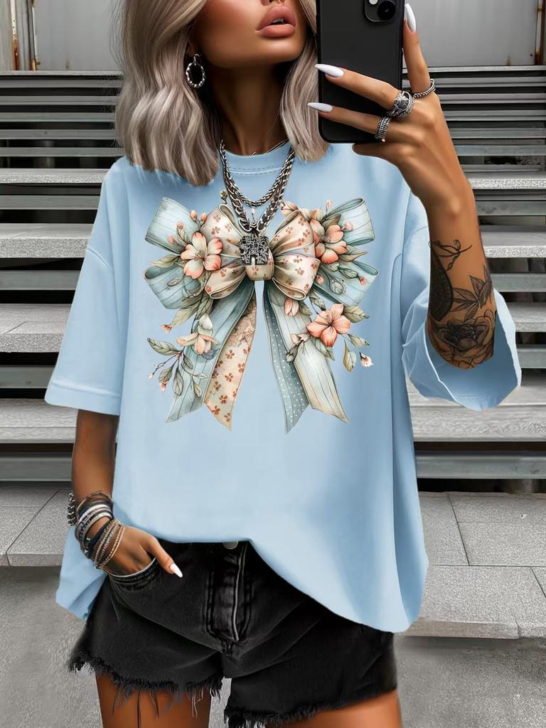 Summer Women's Plus Size Cotton T-Shirt Flower Bowknot Print Women's Casual Soft Round Neck Short Sleeved Tops