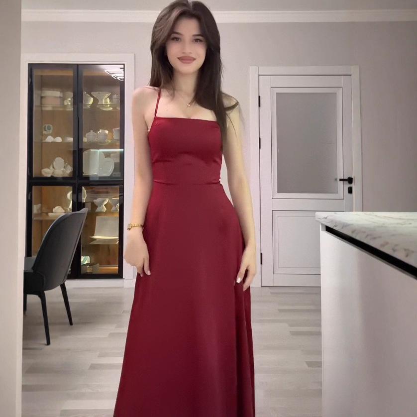 Summer 2025 European & American Women's Tie-Up Spaghetti Strap A-Line Dress with Waist-Hugging Slit