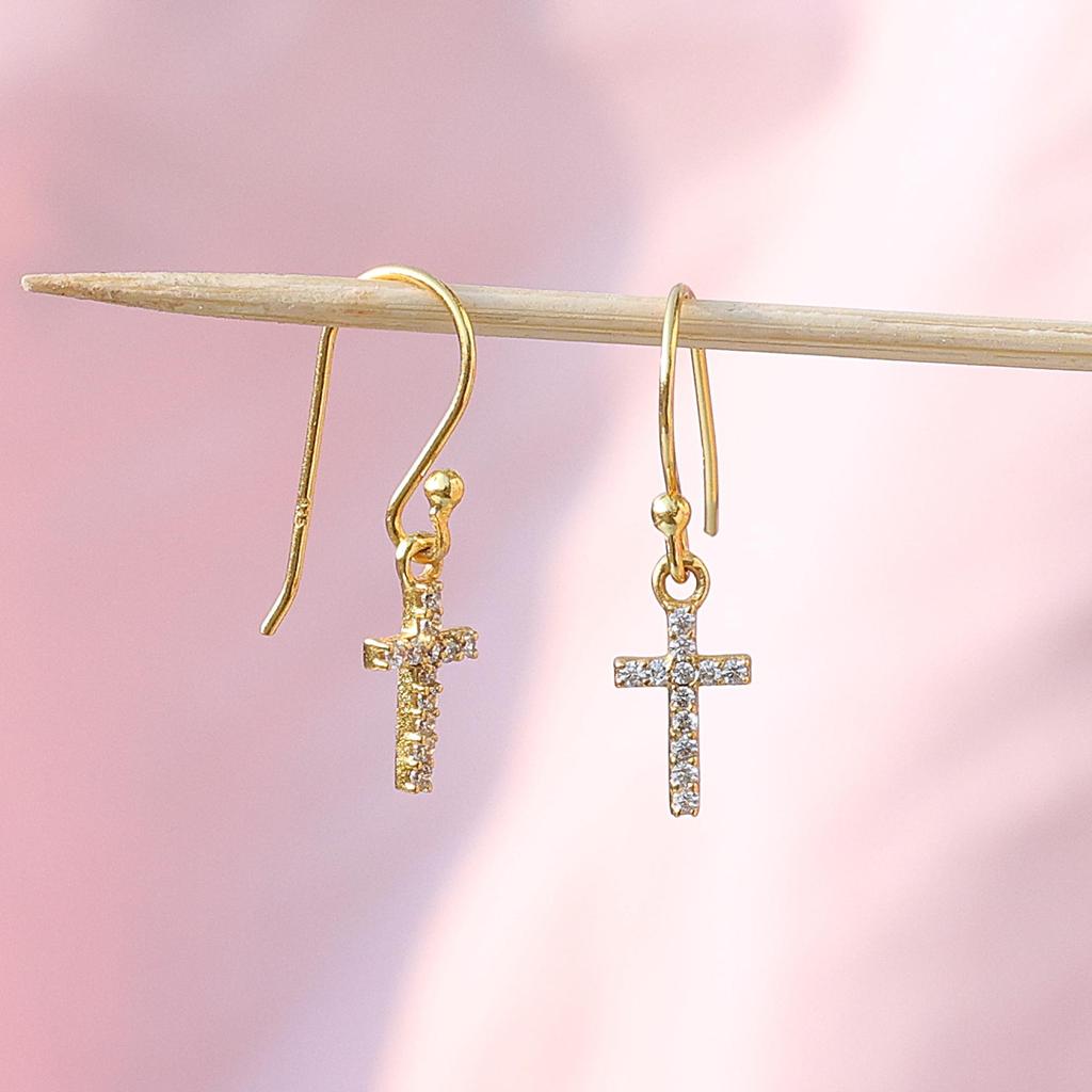Gold Plated Cross Earring, 925 Sterling Silver Women Jewelry, Cubic Zircon Handmade Earring