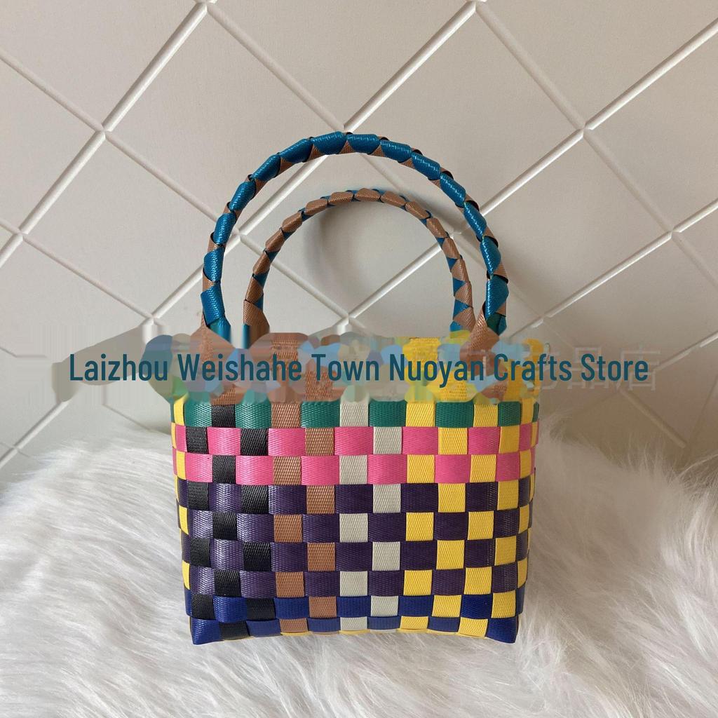 Γυναικεία Υφαντή Καλοκαιρινή Τσάντα Παραλίας: Απλή Πλαστική Τσάντα Χειρός, Μικρός Τετράγωνος Σχεδιασμός για Ψώνια και Παιδιά.