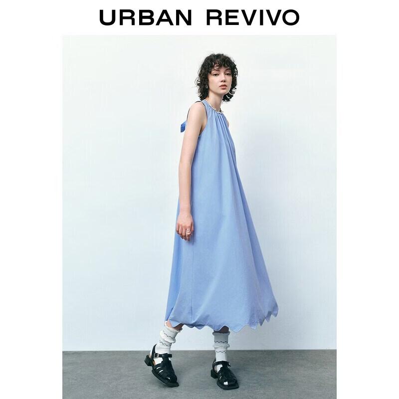 UR2026 Women s Shirred Neck Bow Cotton Maxi Dress XS