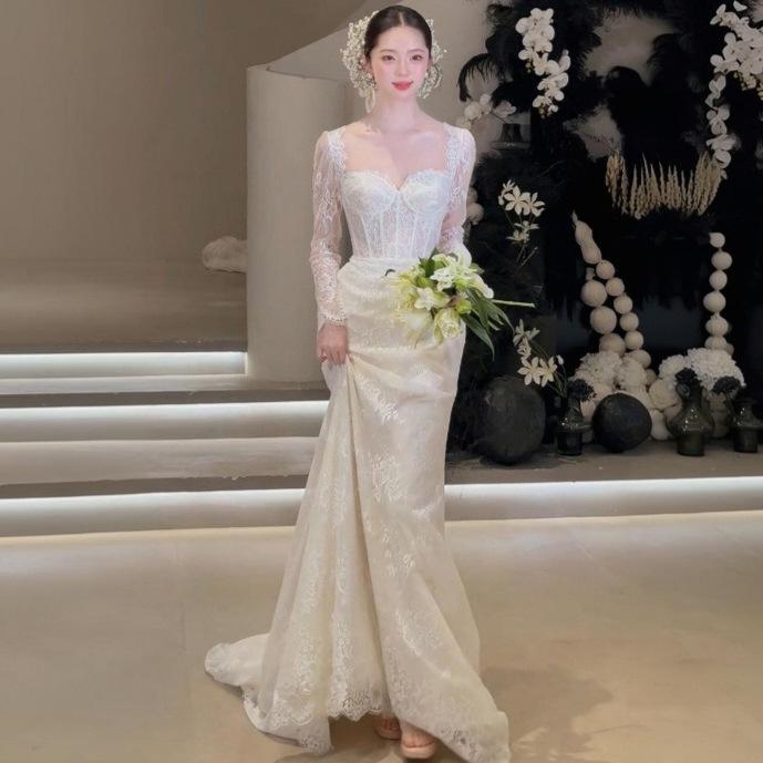 Lace Is Beautiful, Super Fairy Long-sleeved Fishtail Light Wedding Dress, Bridal High-end Sense Going Out Yarn Trailing Engagement Dress, Morning