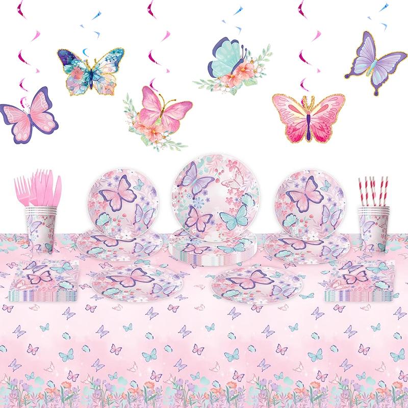 Butterfly Party Supplies Disposable Tableware for Girl Birthday Party Paper Plates Cups Cake Topper Baby Shower Baptism Decor