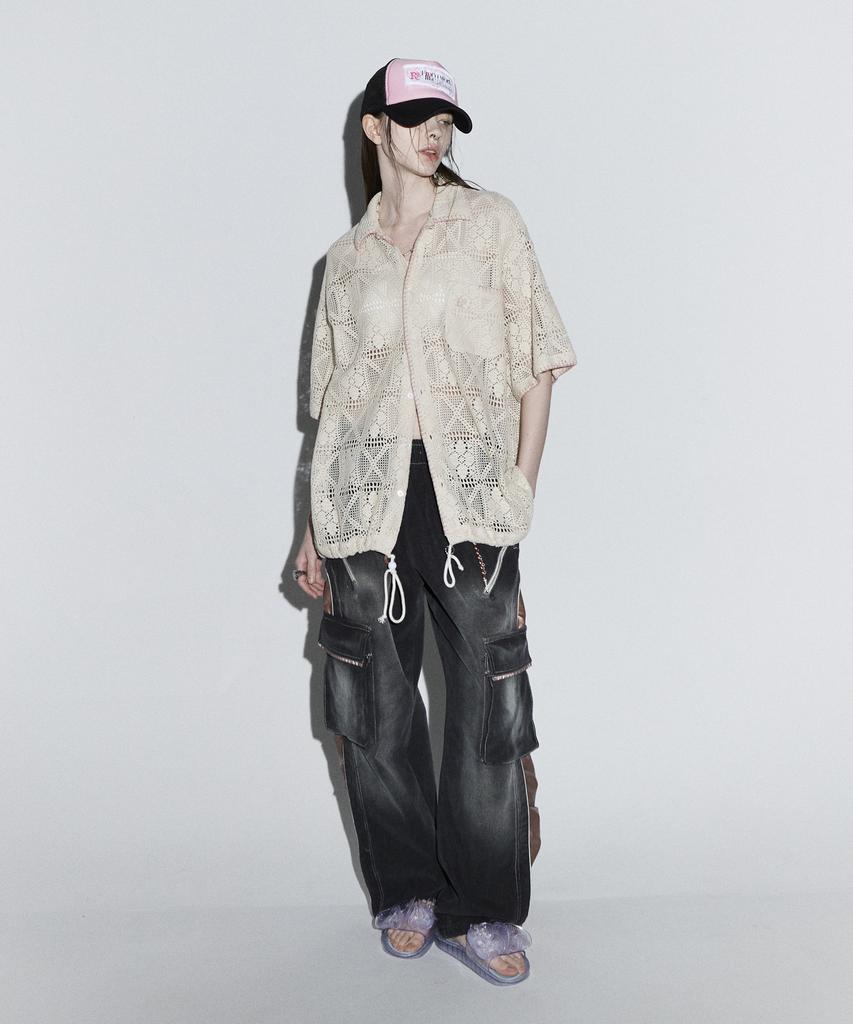 Aleseuseussi Wrinkle Mixed Cargo Denim Pants - Bk