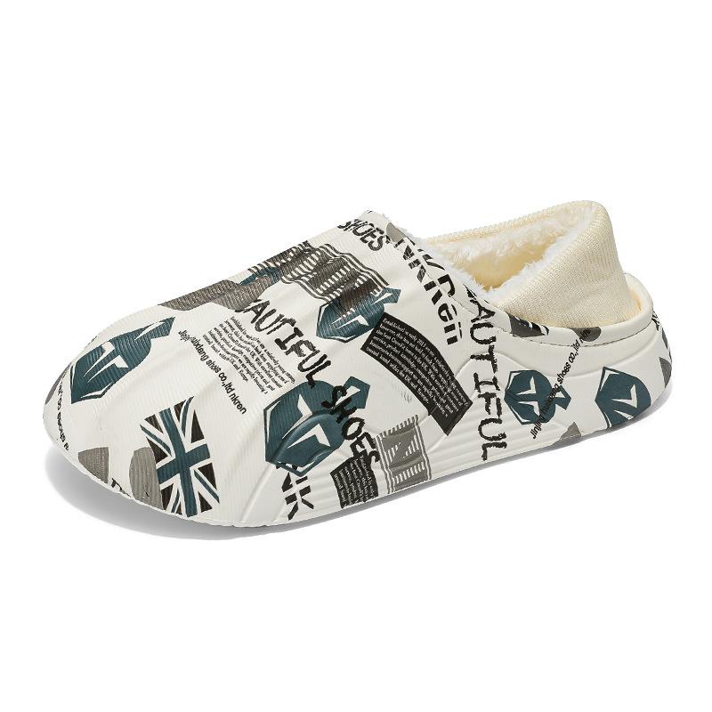 Flow printing cotton mop winter velvet large size bag heel cotton shoes men's indoor non-slip thick-soled slippers