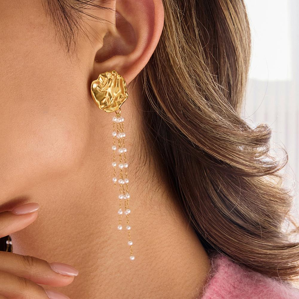 Elegant Hammered Acrylic Pearl Tassel Earrings Earrings