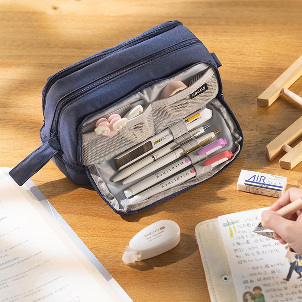 Large Capacity Pencil Case Simple Solid Color Stationery Box Double Layer Multifunctional Pen Pouch Students School Supplies