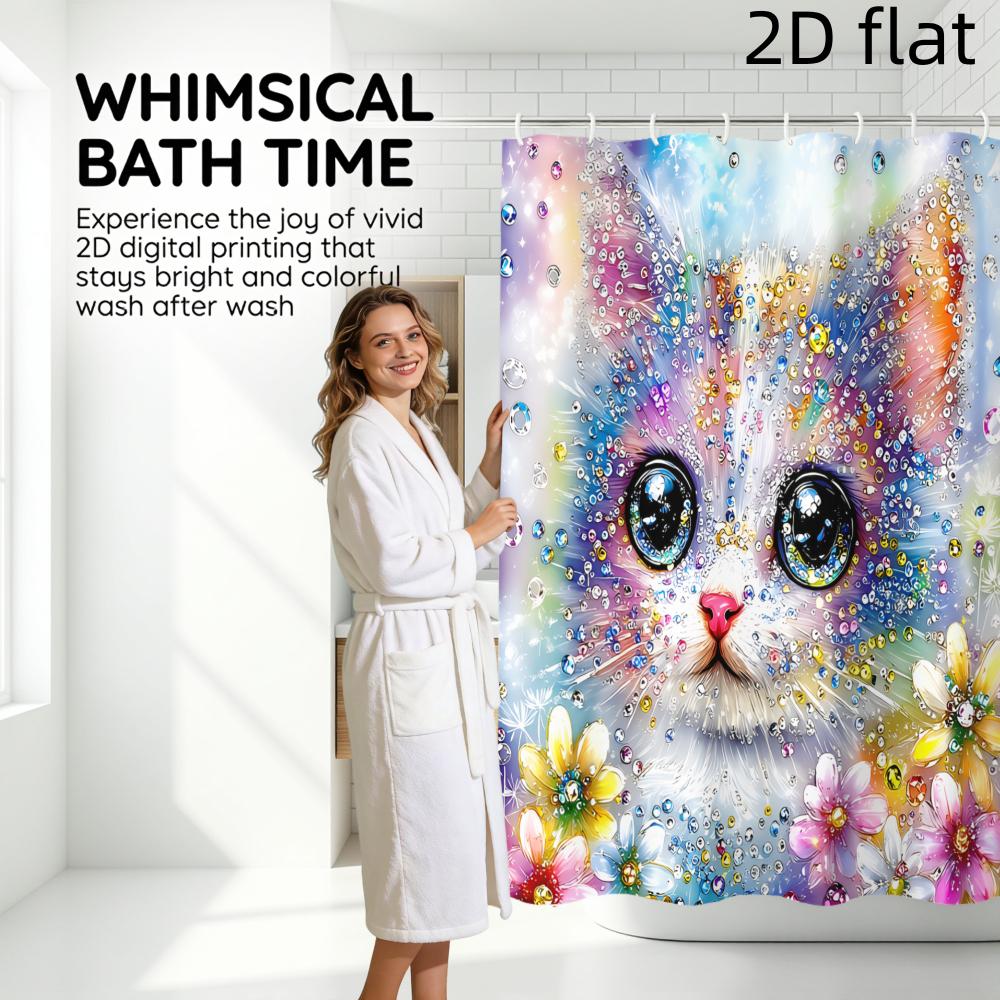 Vibrant Glitter Cat Pop Art Shower Curtain Waterproof Bathroom Decor Rainbow Animal Print Kitten Pet Home Polyester Curtain Line