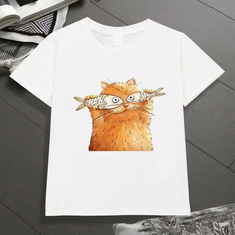 Fish Cat Print Tshirt For Boys Girls Summer Children Casual Cute Funny Colorful Tops Kids Comfortable Oneck Short Sleeve Tees