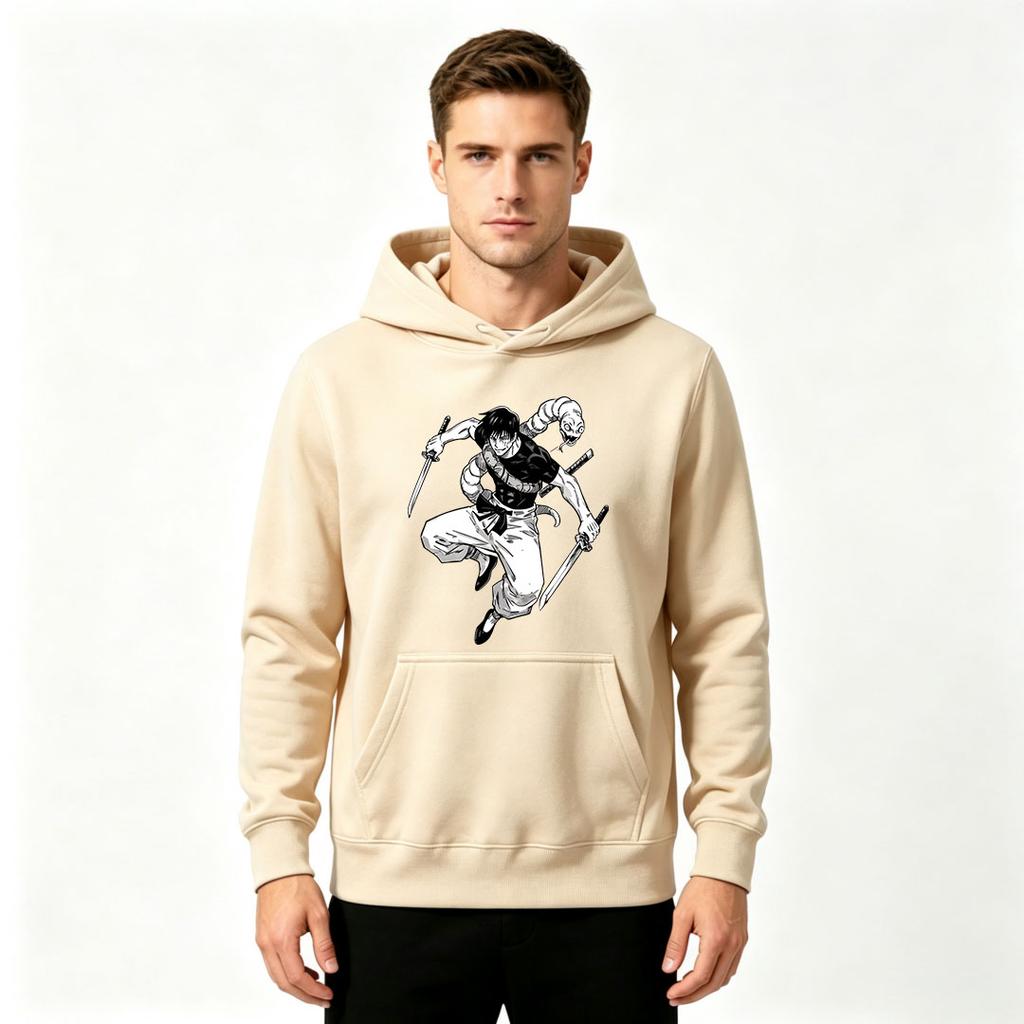 Men's Printed Pullover Hoodie, Anime Snake Samurai Pattern Casual Long Sleeve Hooded Sweatshirt