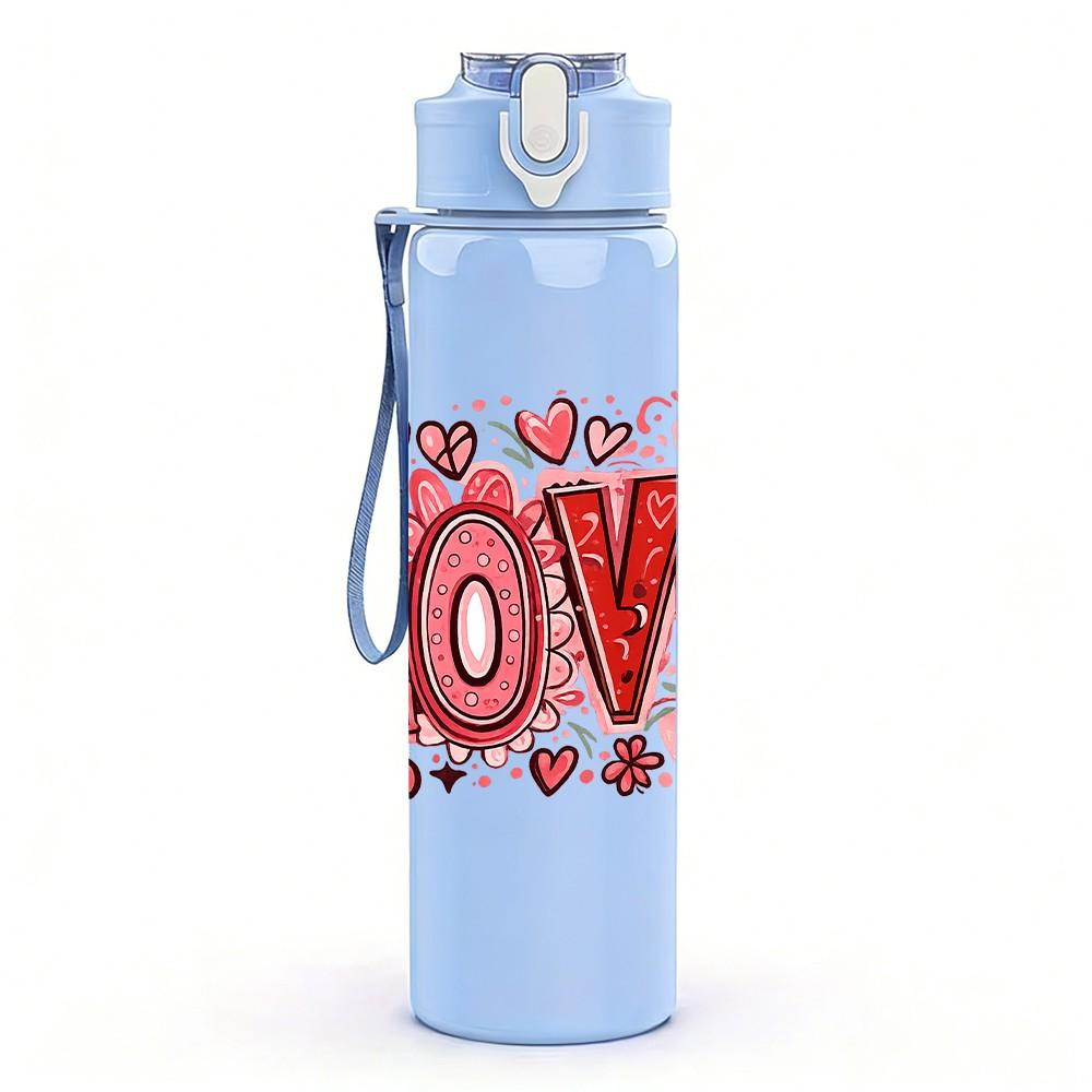 1PC Big Red LOVE Letter Art Print 750ml Color Plastic Sports Water Bottle Leakproof Flip Straw Lid Suitable for Sports Office Home Use