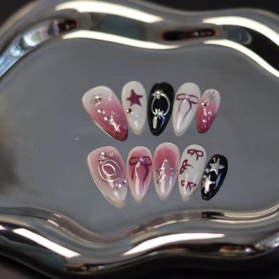 100% HANDMADE Water Drop Shape Blush Personalized Hand-painted Stars Black Pink Y2k Fake Nails Art Reusable and Removable
