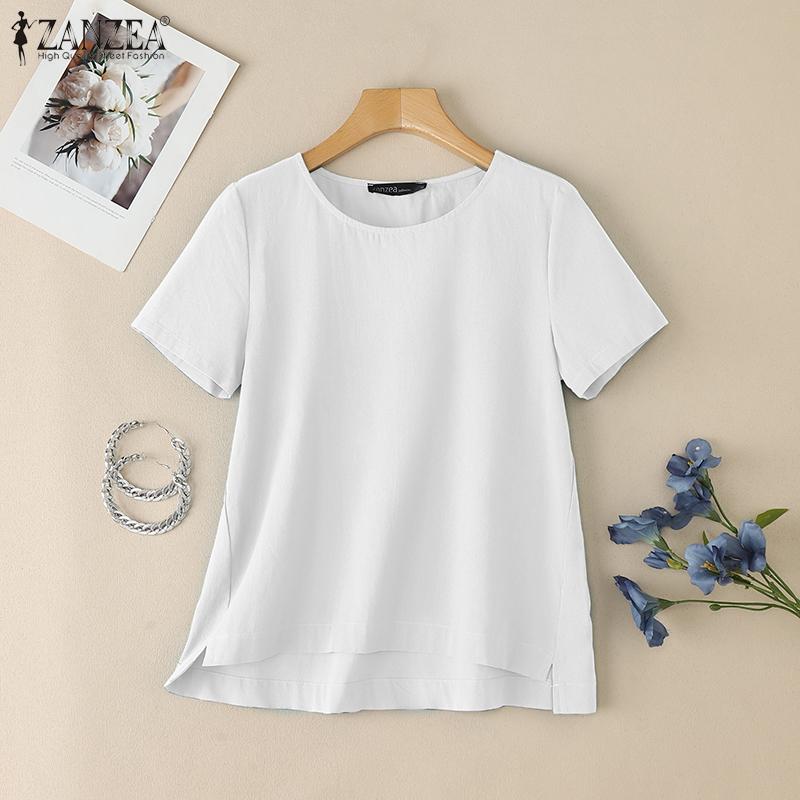 ZANZEA Women Casual Round Neck Summer Short Sleeve Cotton Tops
