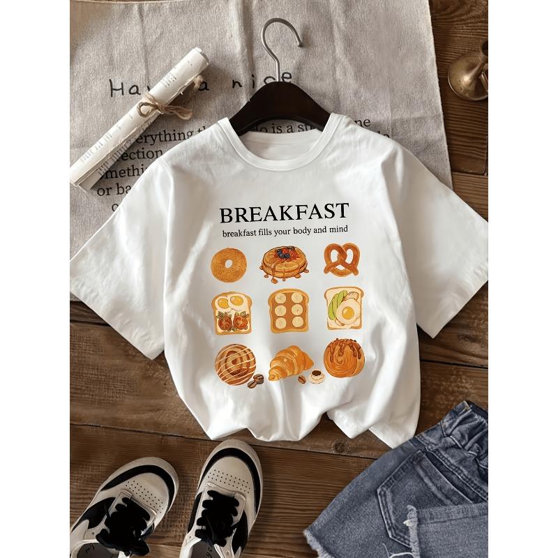 Kids Crewneck Short Sleeve T-Shirt, Delicious Breakfast Cartoon & Letter Print