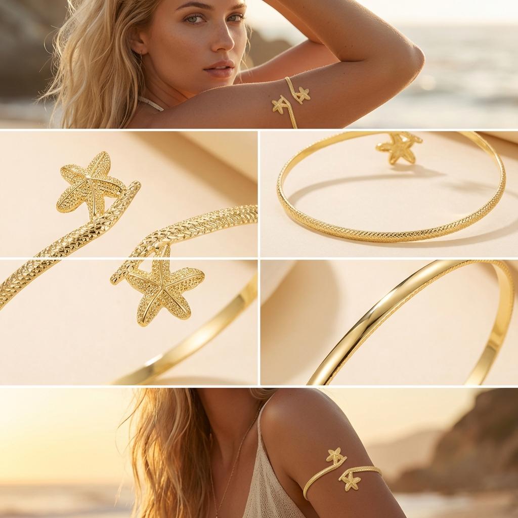 Strukturierte Goldfarbene Seestern Oberarmmanschette Armband für Damen Vintage Punk Muschel Krabbe Offenes Armband Sommer Ästhetik Schmuck