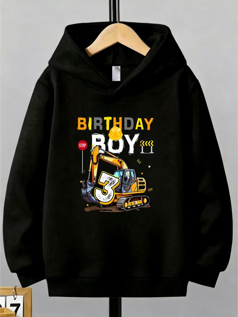 New Christmas hooded sweatshirt for boys, birthday theme, cartoon construction vehicle patterncasual jacketChildren's Day gift.