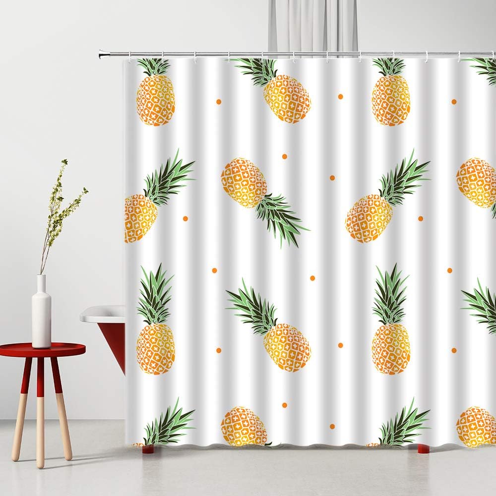 Tonnika Chen Yellow/Green Pineapple Shower Curtain Tropical Fruit Pineapple Leaf Watercolor Ananas Polka Dots Summer Nature Plant Bathroom