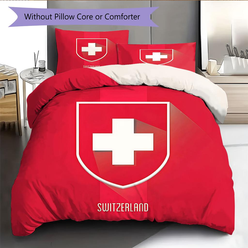 Schweiz Fußball Nationalmuster Bettwäsche Heimdekoration Geburtstagsgeschenk (1 Bettbezug + 2 Kissenbezüge, ohne Füllung),Fanartikel.