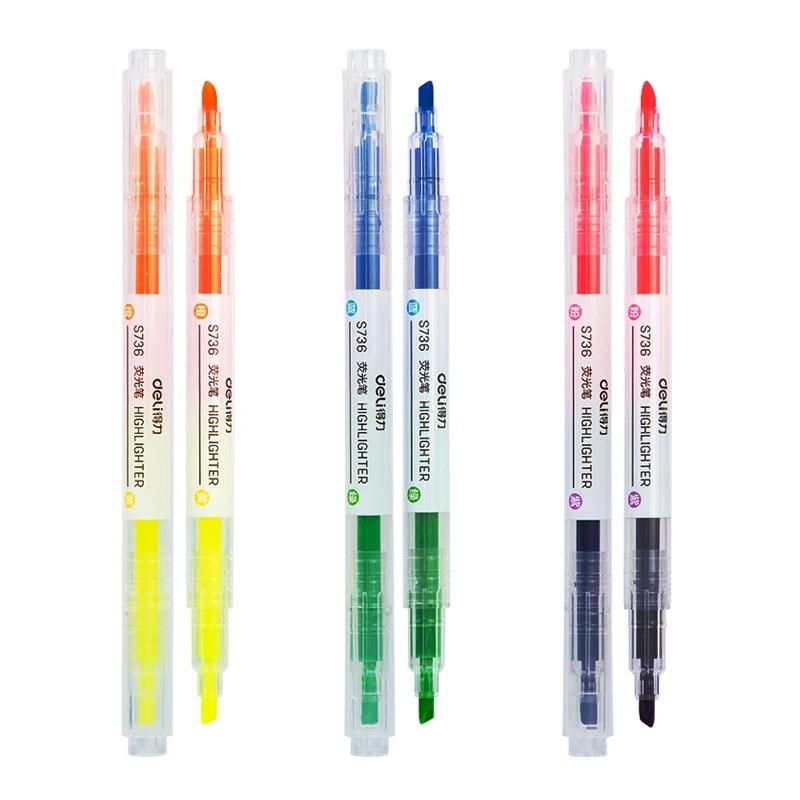 DELI Dual Tip Highlighter 3Pcs/Bag 6 Colors Double Headed Highlight Marker Pen Stationery
