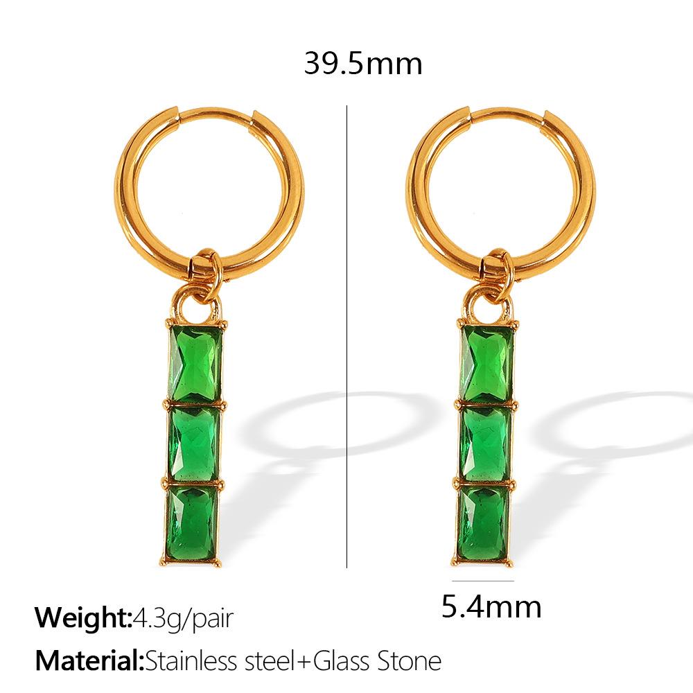 European and American Personalized Rectangular Green Zircon Earrings Design Titanium Steel Earrings 18K Stainless Steel Earrings Women