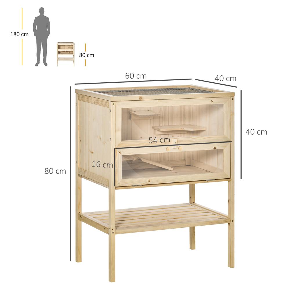 Wooden Hamster Cage, 3-Level, Platforms, Ladders, Window, Opening Roof, 60 x 40 x 80 cm, Natural