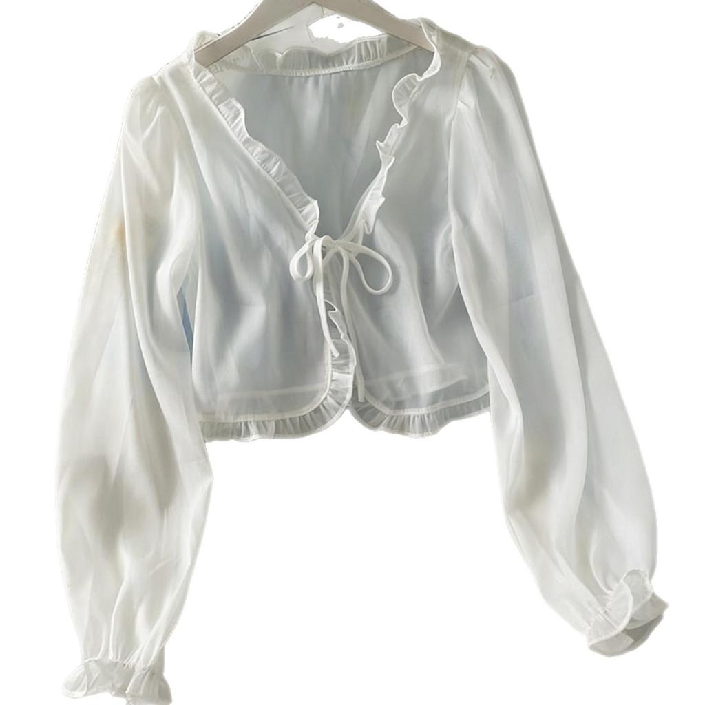 Sciarpa in Pizzo con Fiocco e Volant Estiva 2026 da Donna – Camicia Larga a Maniche Lunghe Protezione Solare