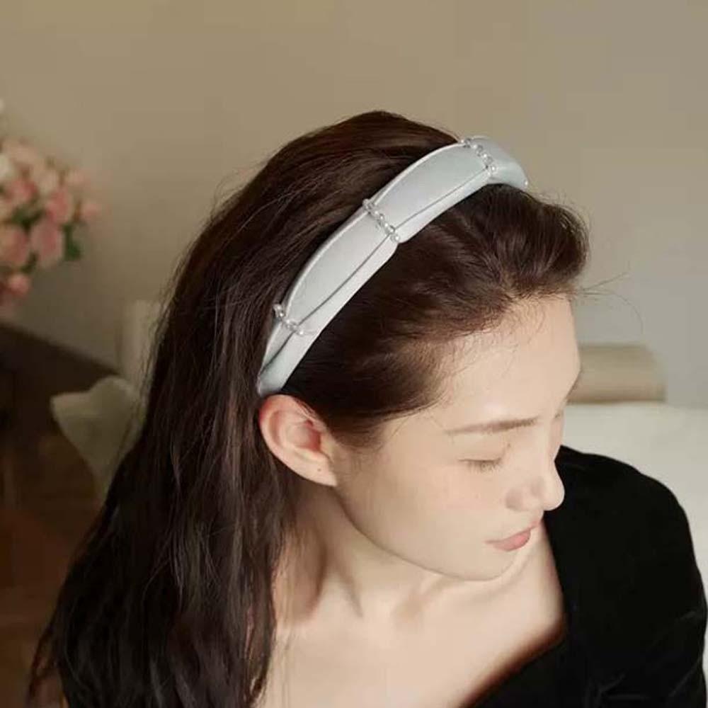 French Style Pearls Cloth Hair Hoop Rose Print Beige Blue Hair Band Beads Crystal Headband  Outdoor