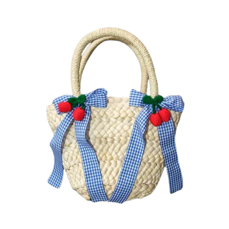 

Women Straw Woven Bag Handwoven Tote Bag Adjustable Strap Slouchy Tote Handbag Cherry Bow Weaving Crossbody Bag Summer Beach Bag синій