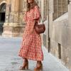 Women's Boho Maxi Dresses V-Neck Puff Half Sleeve Sundress Flowy Smocked Vacation Beach Long Dress