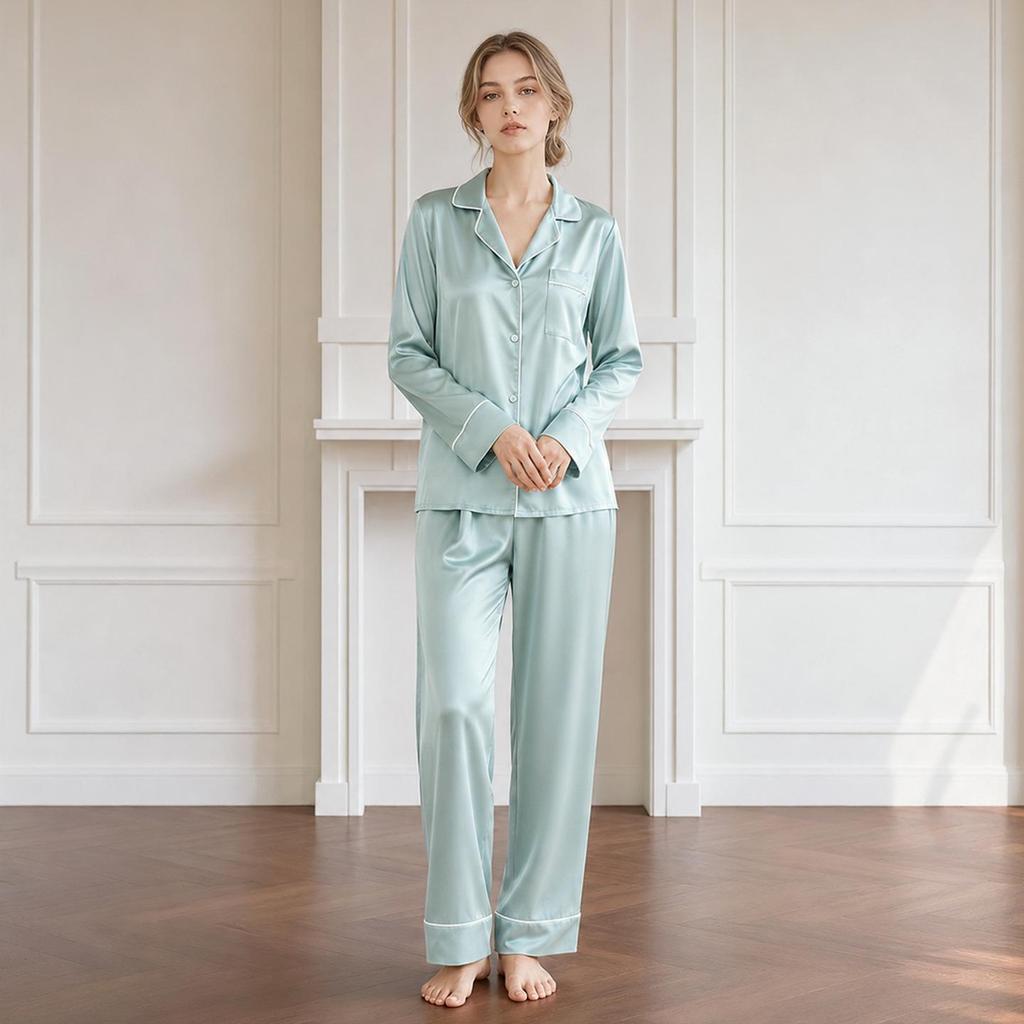 Seidenpyjama-Set mit Schmetterlingsstickerei - Damen Maulbeerseide Zweiteiler für Frühling/Sommer