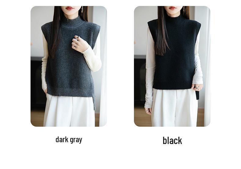 Women's 100% Pure Wool Sleeveless Knit Vest Shawl - Warm Autumn/Winter Layering Pullover with Half-High Collar