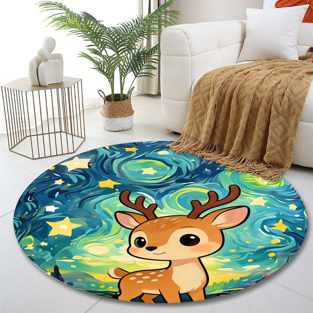 Cute Deer with Starry Night Background Print Round Rug, Living Room, Bedroom, Playroom Carpet, Non Slip Floor Mat, Gift