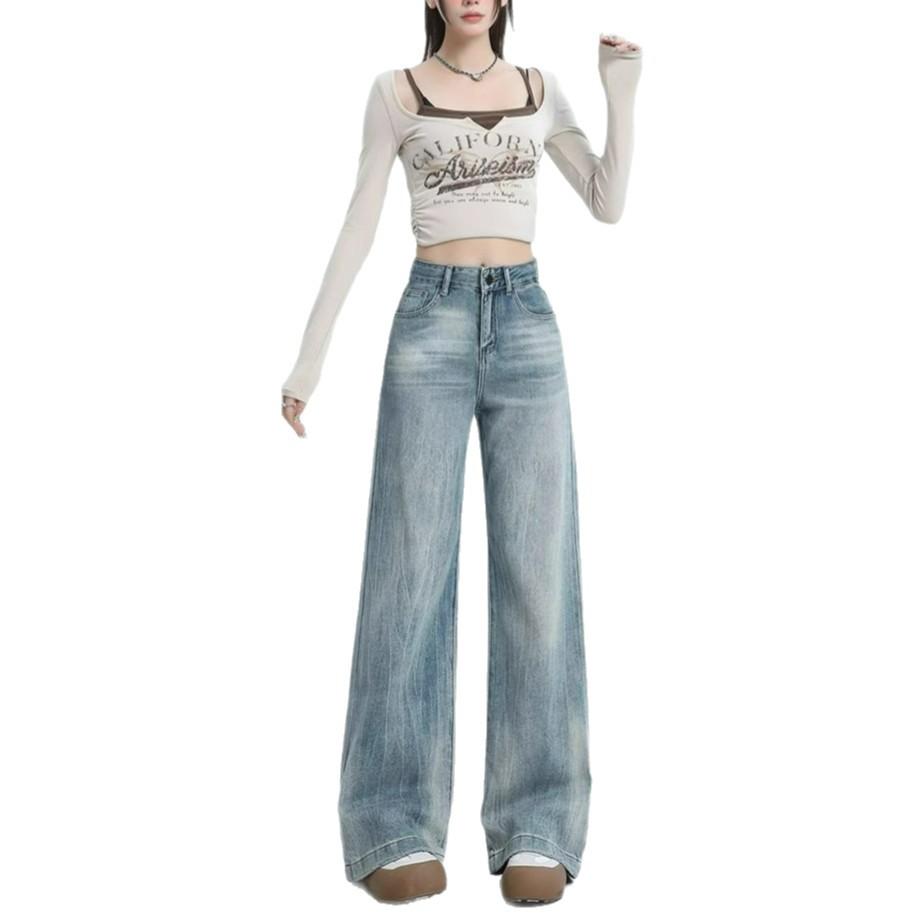 Vintage Wide-legged Jeans Women's Spring and Autumn High-waisted Loose Lethargy Wind Draping Not Sticking Straight Trailing Trousers Long Denim Pants