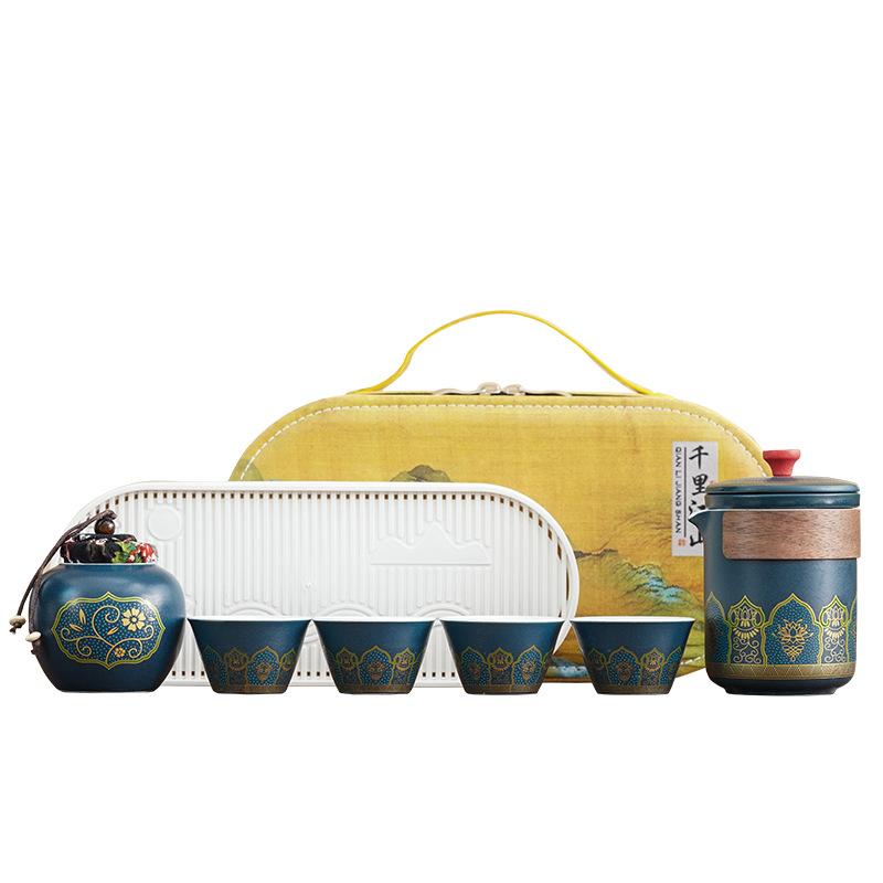 Light luxury enterprise travel tea set, ancient rhyme hand-held pot, Dehua ceramic camping express cup annual meeting gift