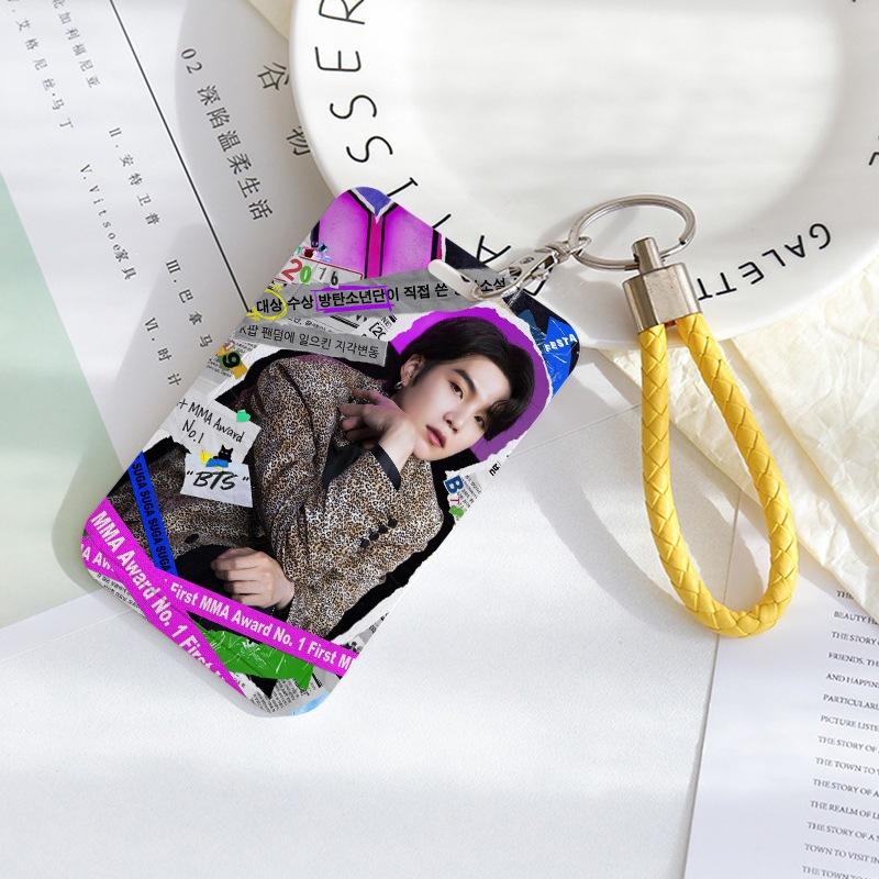 BTS Sliding Photocard Holder, Protective ID Badge Card Case with Braided Keychain Strap, Student Campus Bus Meal Card Protector Merch for ARMY