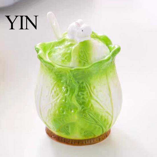 Decorative Lard Crock Ceramic Cabbage Shaped Jar with Lid Spoon, 350ml Kitchen Sealed Seasoning Container Container, Multi Purpose Storage Pot