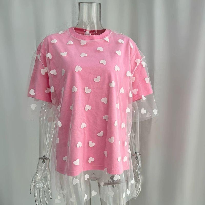 European and American Fashion Love Heart Mesh Patchwork T-shirt Loose round Neck Top Printed Loose T-shirt