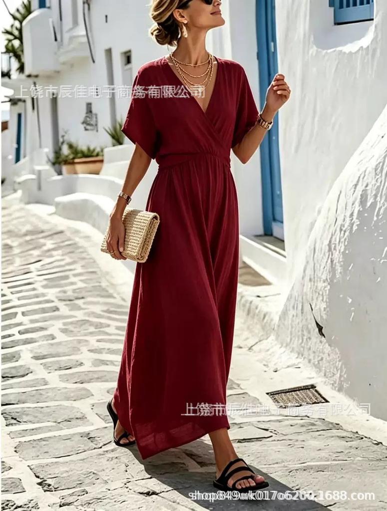 Holiday style seaside v-neck loose long dress summer new simple dress