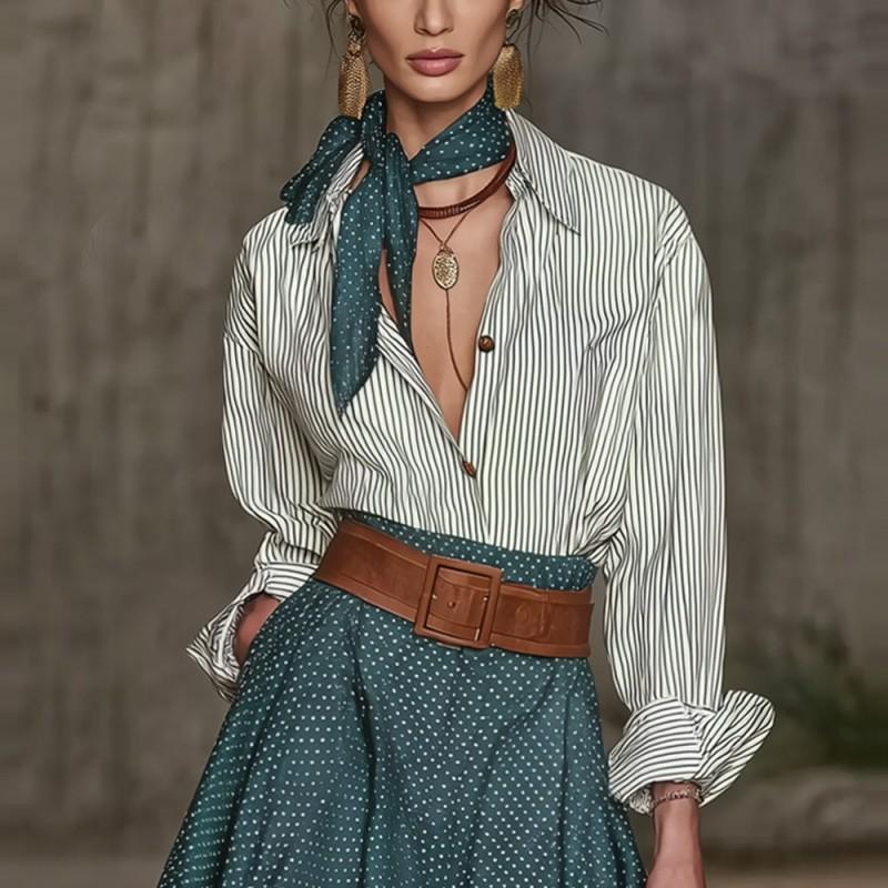 Color-matching Literary Retro Shirt With Streamers Decoration Women's Wear Temperament Commuting Skirt