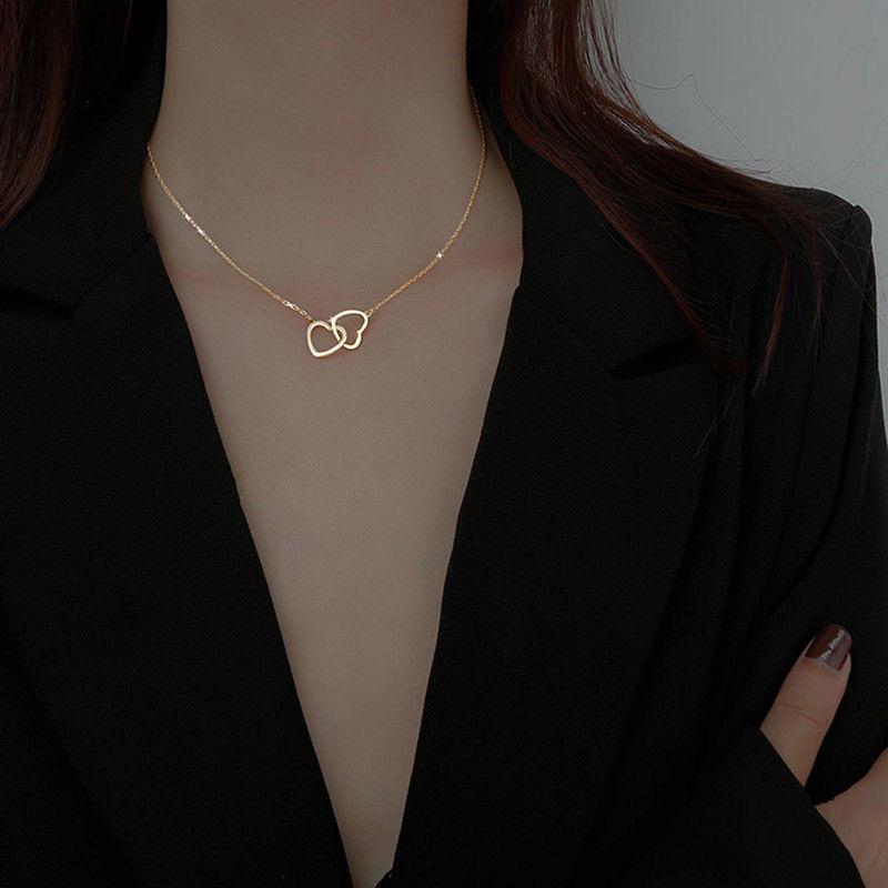Personalizovaný jednoduchý dvojitý srdiečkový choker náhrdelník pre ženy Duté prívesky v tvare srdca Náhrdelník na kľúčnu kosť Darčeky pre dievčatá Šperky