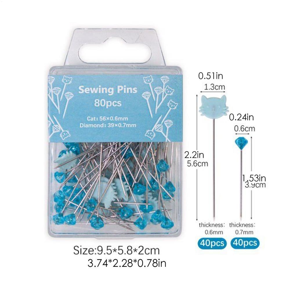 80pcs DIY Crafts Sewing Pin Holder Multi-Color Dressmaker Quilting Cat-Shaped Diamond Head Pins with Positioning Pins