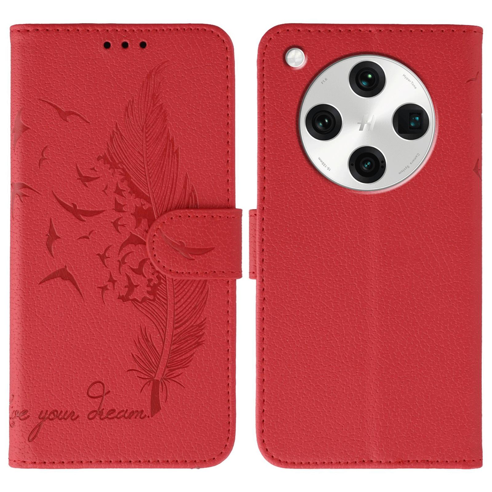 

For Oppo Find X8 Pro 5G Case Feather Imprint PU Leather Wallet Phone Cover Red