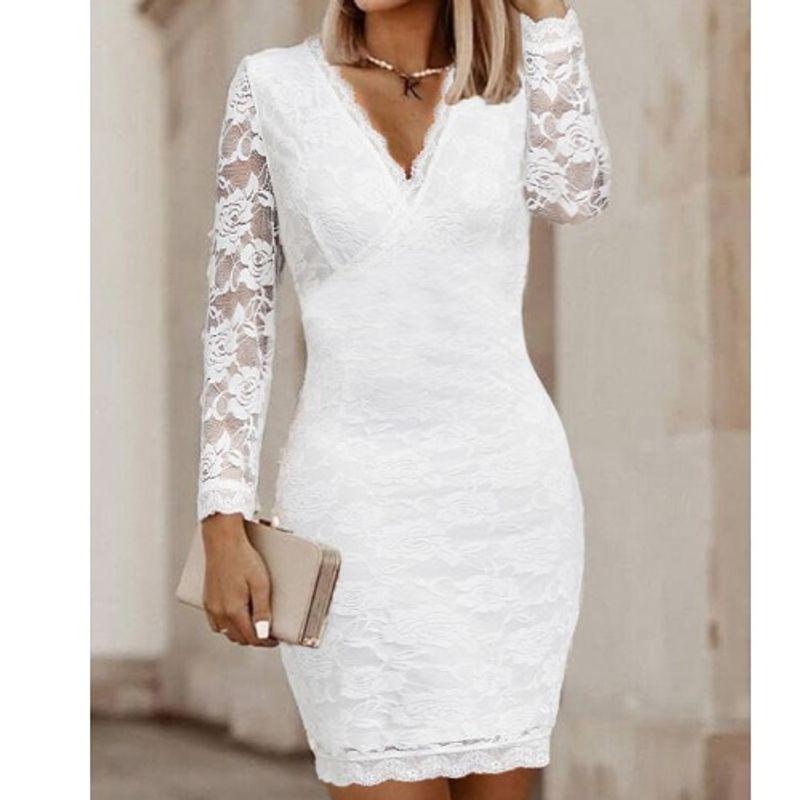 

Autumn Work Clothing Ol White V-neck Silm Sexy Elegance Lace Lace Sheath Long Sleeves Dress Dress Dress Dress White 3XL