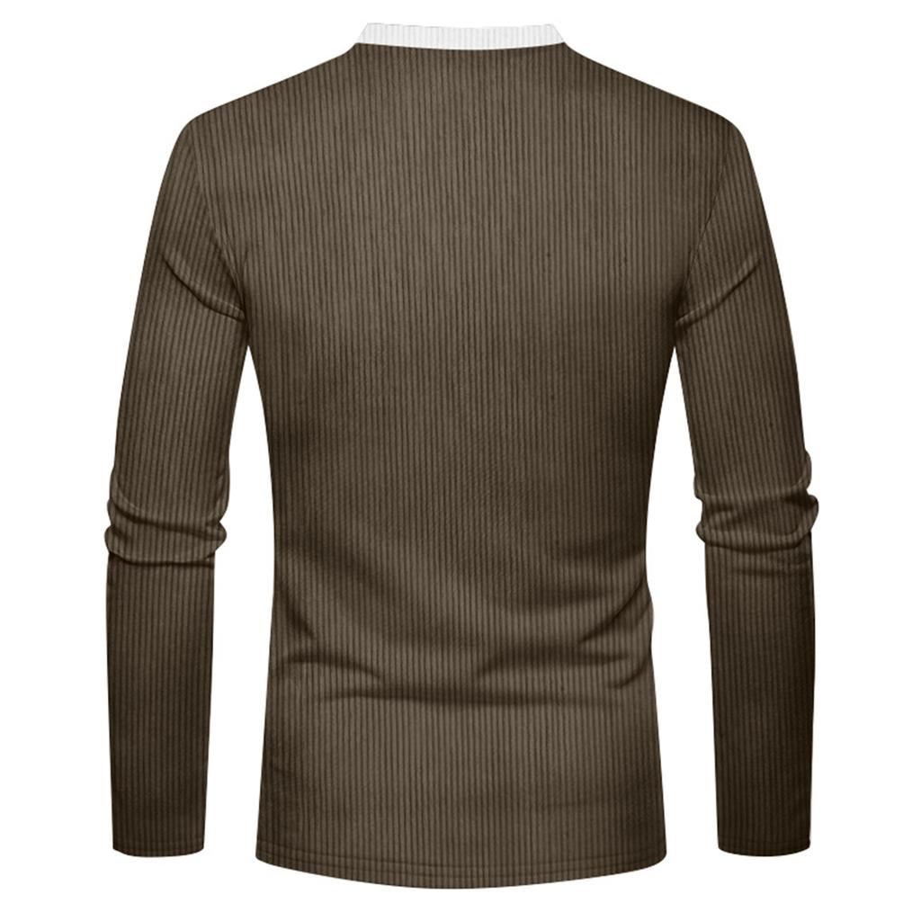 Men's Solid Color Ribbed Textured Button Down Round Neck Long Sleeved Top