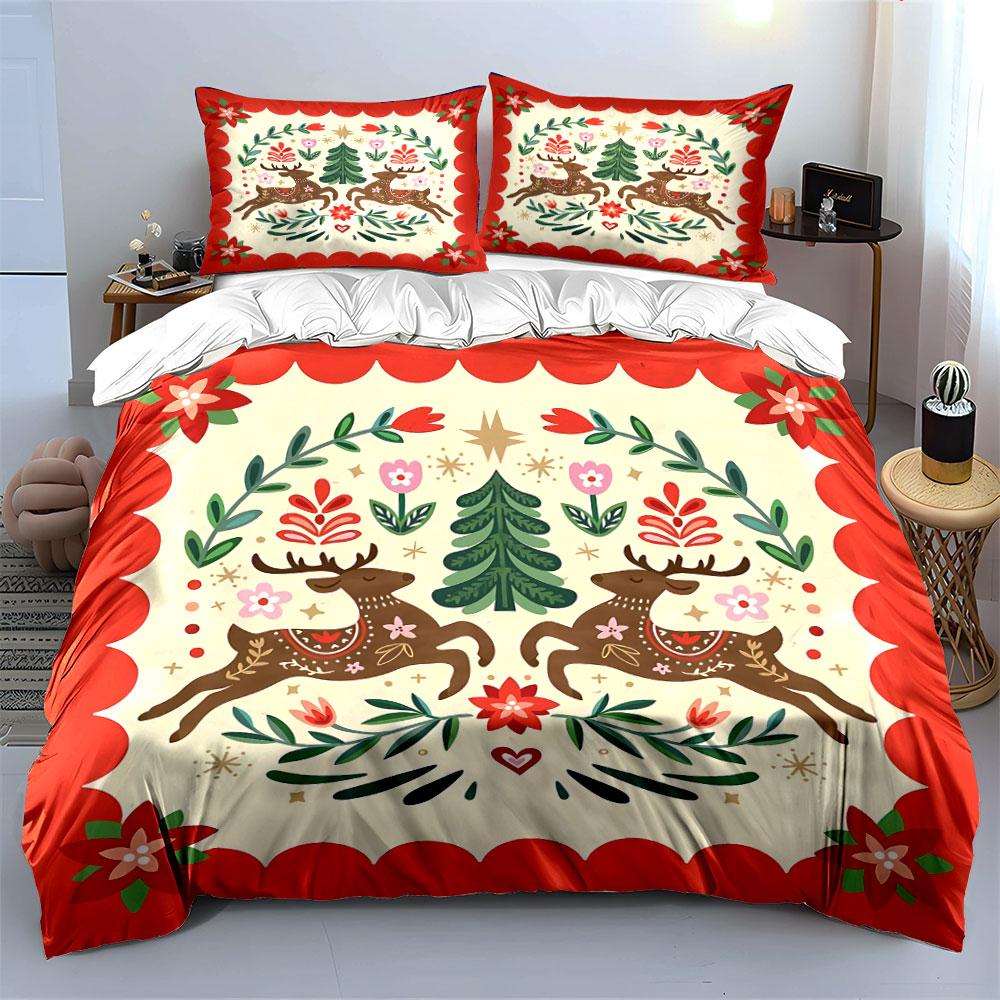 Reindeer and Floral Christmas Design Bedding Duvet Cover Set Duvet Cover Pillowcases  (1*Duvet Cover 2*Pillowcases, without duvet insert)