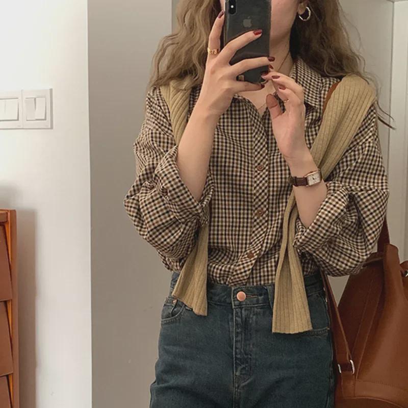 

Women s Autumn Brown Plaid Korean-Style Loose Long Sleeve Shirt 2XL