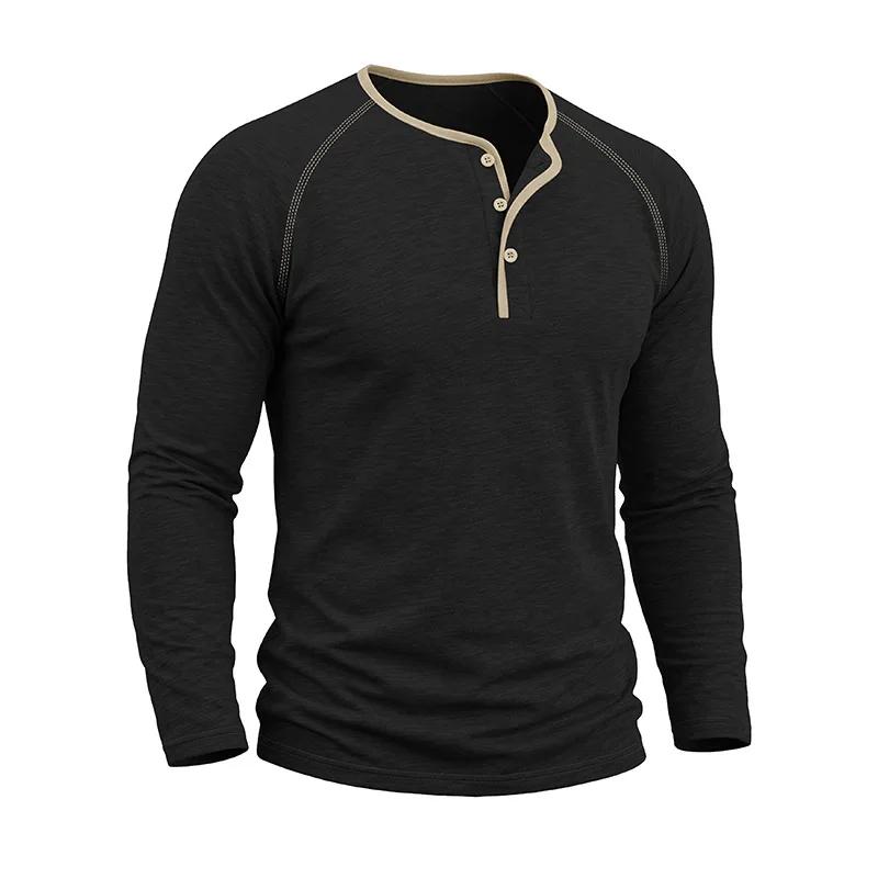 Spring Autumn Men's Cotton Henry Collar T-Shirts American Style Fashion Smart Casual Tees Tops Men Patchwork Breathable Tshirt