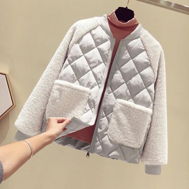 Women's Autumn and Winter Splicing Warm Jacket Solid Color Round Collar Loose Thickened Outerwear