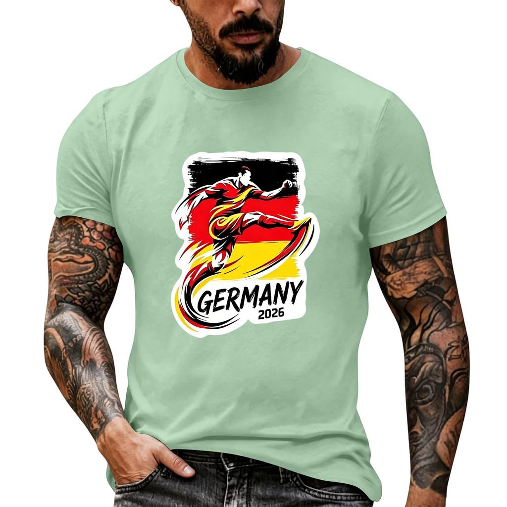 Short Sleeve Casual T Shirt with Graphic Print Soccer Player Illustration and Text Germany 2026 Soft Comfortable Fit for Everyday Wear