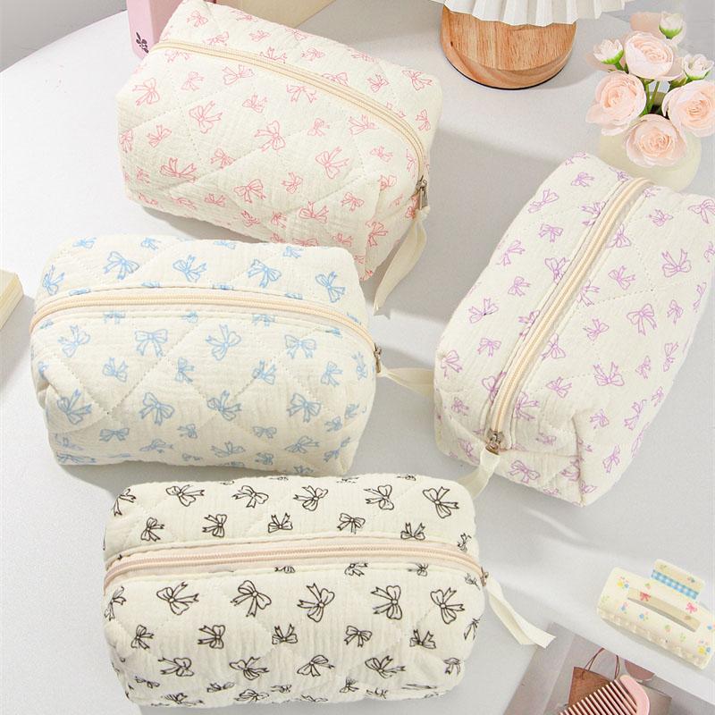 Ruffled Edge Bowknot Floral Print Makeup Bags Large Capacity Quilting Pen Bags Women Cosmetic Storage Bag Travel Wash Bag Clutch